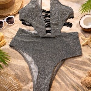 Bebe Silver Glitter One Piece Swimsuit Cutout Shimmer Glam Poolside Womens Sz M